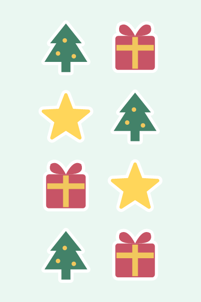 Trees & gifts in 4×6: Evergreen trees, ribbon-wrapped gifts and golden stars.