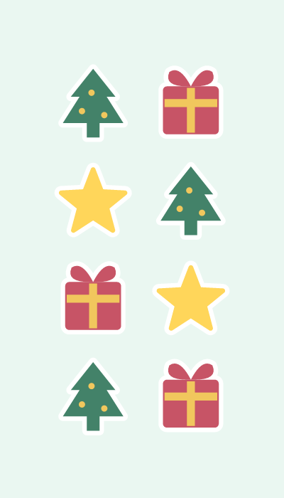 Trees & gifts in 4×7: Evergreen trees, ribbon-wrapped gifts and golden stars.