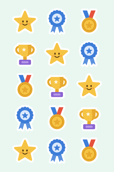 Stars & medals in 4×6: A smiling gold star, a blue rosette, a medal and a trophy.