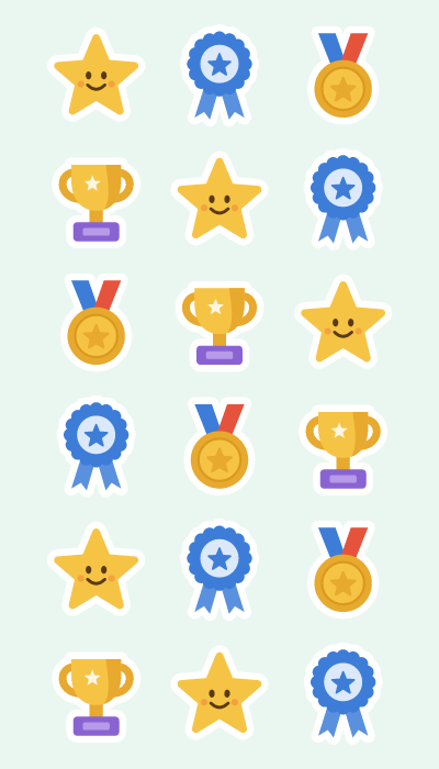 Stars & medals in 4×7: A smiling gold star, a blue rosette, a medal and a trophy.