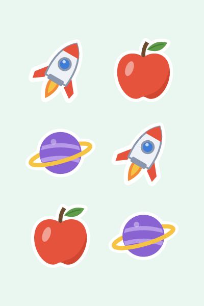 Rockets & apples in 4×6: A launching rocket, a shiny red apple and a ringed planet.