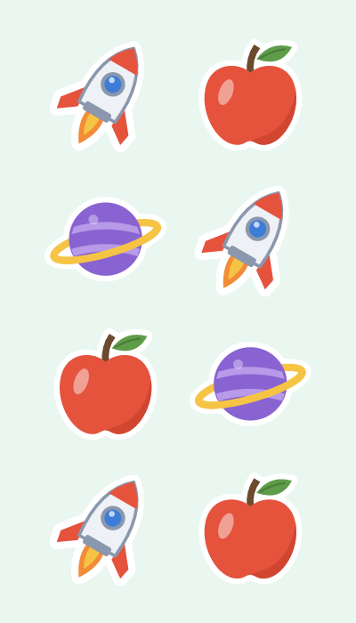Rockets & apples in 4×7: A launching rocket, a shiny red apple and a ringed planet.