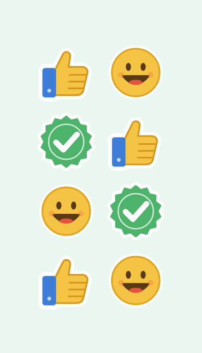 Thumbs-up & smiles in 4×7: A thumbs-up, a big smiley face and a green check badge.