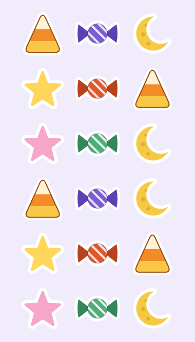 Preview of the Candy & moons sticker sheet: Candy corn, wrapped sweets, crescent moons and stars.