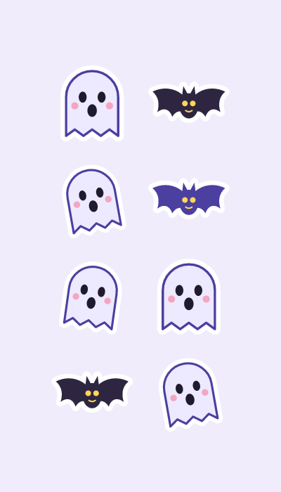 Preview of the Ghosts & bats sticker sheet: Friendly lavender ghosts mixed with little night bats.
