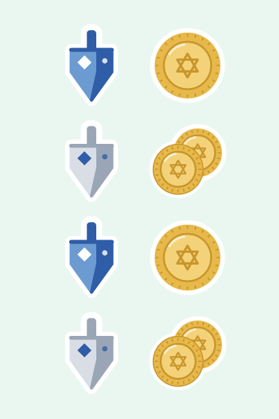 Dreidels & gelt in 4×6: Blue and silver dreidels with plain faces, plus gold gelt coins.