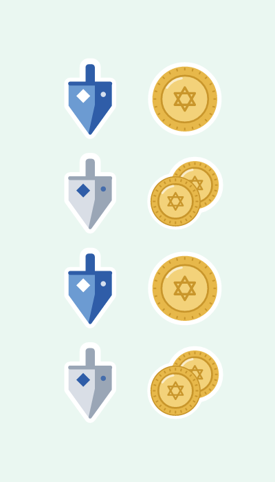 Dreidels & gelt in 4×7: Blue and silver dreidels with plain faces, plus gold gelt coins.