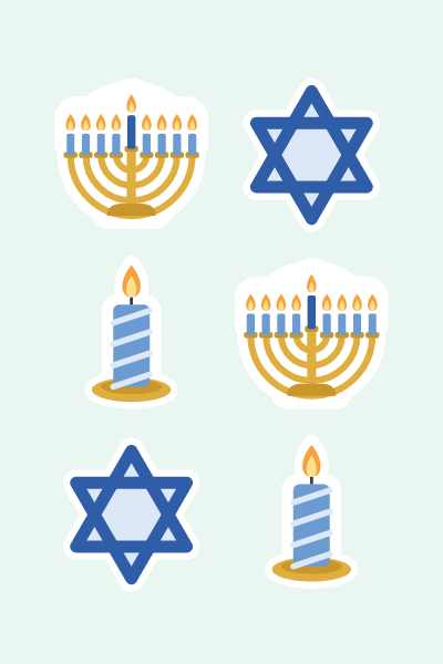 Menorah lights in 4×6: A lit nine-branch menorah, Stars of David and a striped candle.
