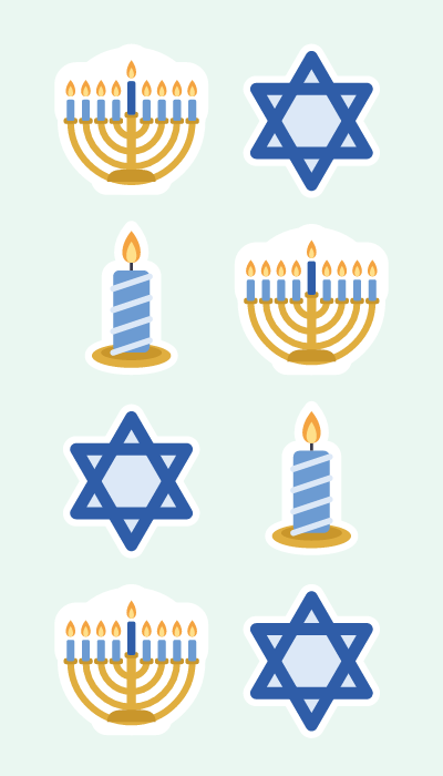 Menorah lights in 4×7: A lit nine-branch menorah, Stars of David and a striped candle.
