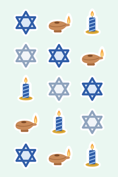 Stars & oil lamps in 4×6: Blue and silver Stars of David, a clay oil lamp and candles.