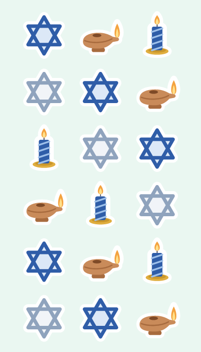 Stars & oil lamps in 4×7: Blue and silver Stars of David, a clay oil lamp and candles.
