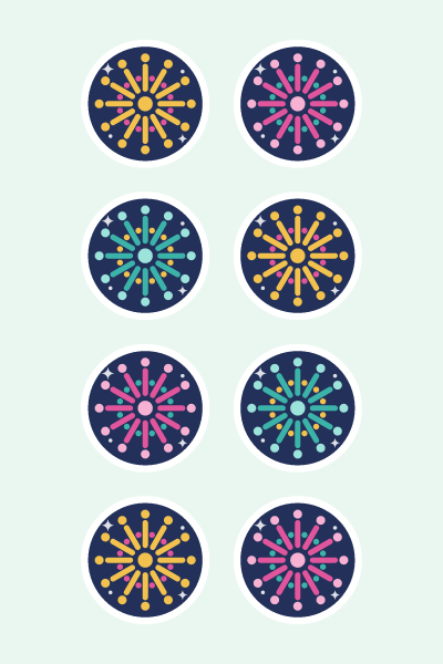 Fireworks in 4×6: Gold, pink and teal firework bursts on a midnight-blue sky.