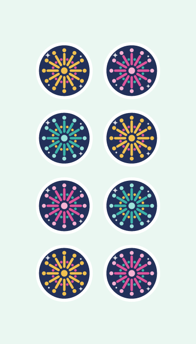 Fireworks in 4×7: Gold, pink and teal firework bursts on a midnight-blue sky.