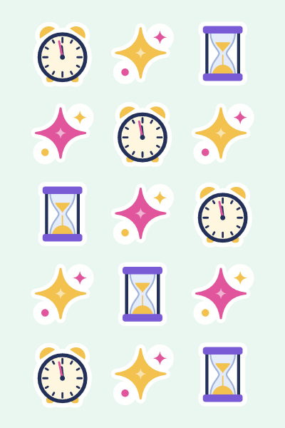 Midnight clocks in 4×6: An alarm clock near midnight, an hourglass and twinkling sparkles.