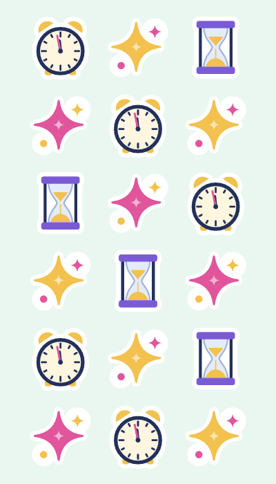 Midnight clocks in 4×7: An alarm clock near midnight, an hourglass and twinkling sparkles.