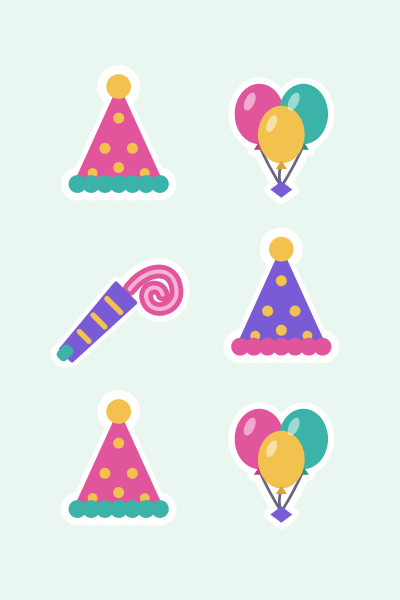 Party hats & balloons in 4×6: Polka-dot party hats, a balloon bunch and a curly party horn.