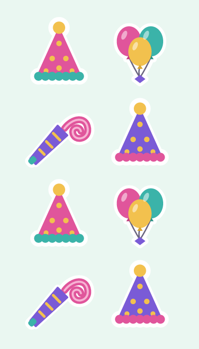 Party hats & balloons in 4×7: Polka-dot party hats, a balloon bunch and a curly party horn.