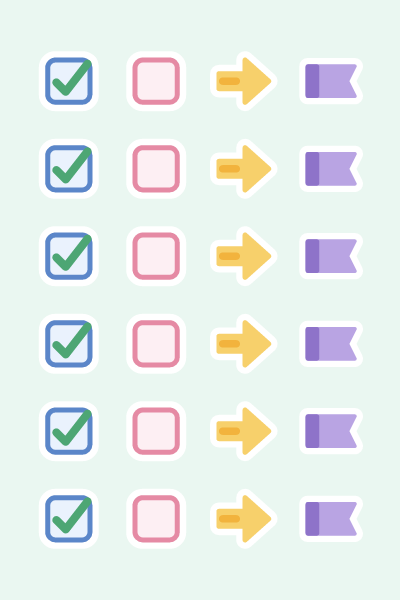 Checkboxes & tabs in 4×6: Ticked and empty checkboxes, arrows and page flags in columns.