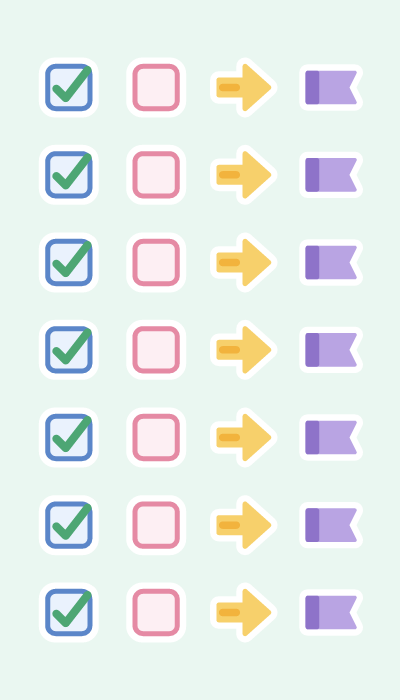 Checkboxes & tabs in 4×7: Ticked and empty checkboxes, arrows and page flags in columns.