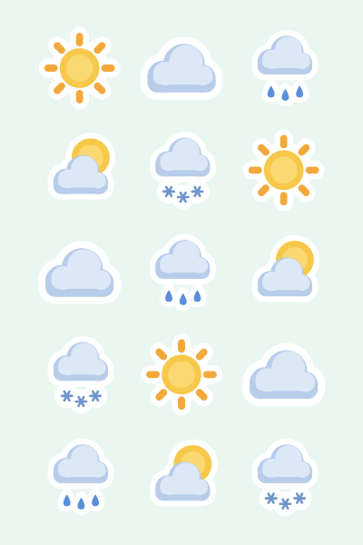 Weather icons in 4×6: Sun, cloud, rain, snow and sun-behind-cloud for daily logs.
