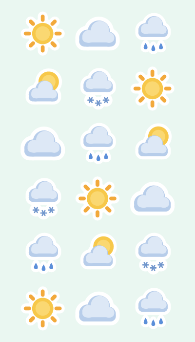 Weather icons in 4×7: Sun, cloud, rain, snow and sun-behind-cloud for daily logs.