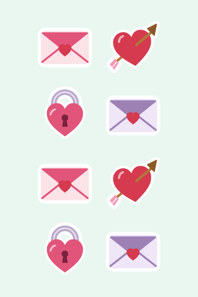 Love letters in 4×6: Sealed envelopes, an arrow-through heart and a heart padlock.