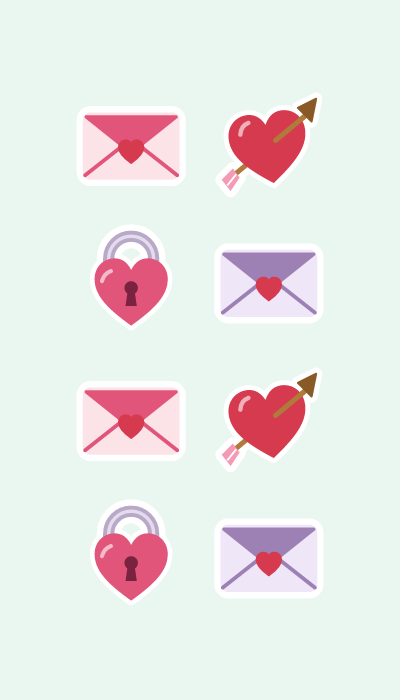 Love letters in 4×7: Sealed envelopes, an arrow-through heart and a heart padlock.