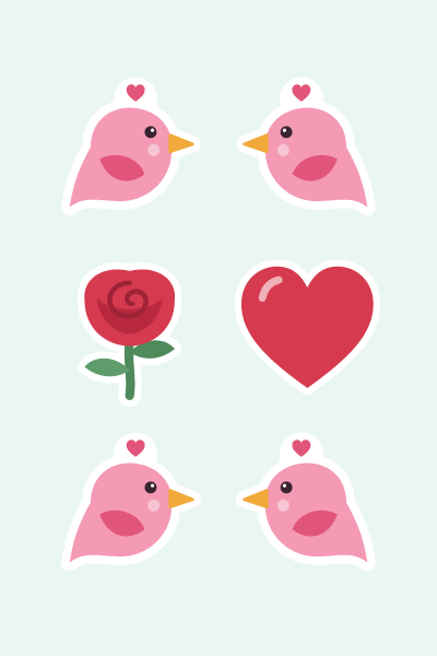 Roses & lovebirds in 4×6: A pair of pink lovebirds facing each other, a red rose and a heart.