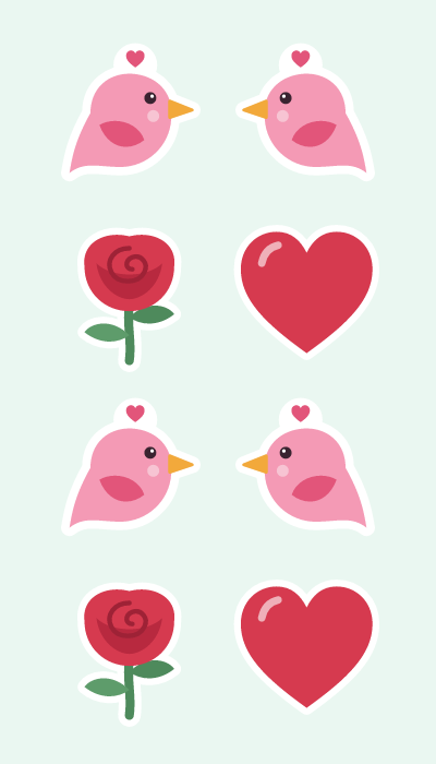 Roses & lovebirds in 4×7: A pair of pink lovebirds facing each other, a red rose and a heart.