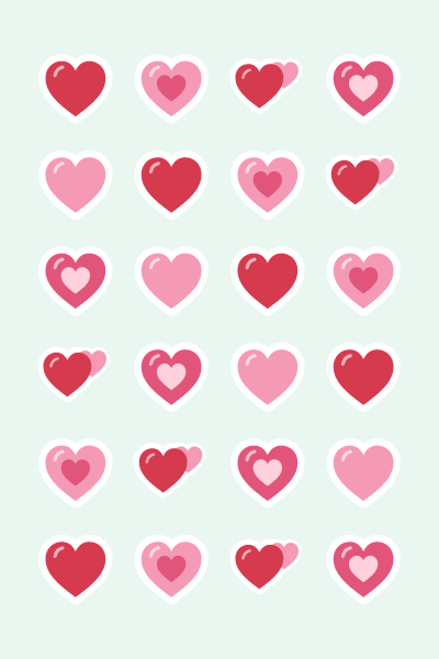 Sweet hearts in 4×6: Small red and pink hearts, some with a heart inside.