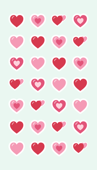 Sweet hearts in 4×7: Small red and pink hearts, some with a heart inside.