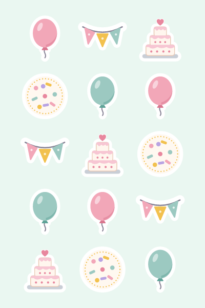Balloons, bunting & cake in 4×6: Party balloons, a three-flag bunting, a tiered cake and a confetti dot.