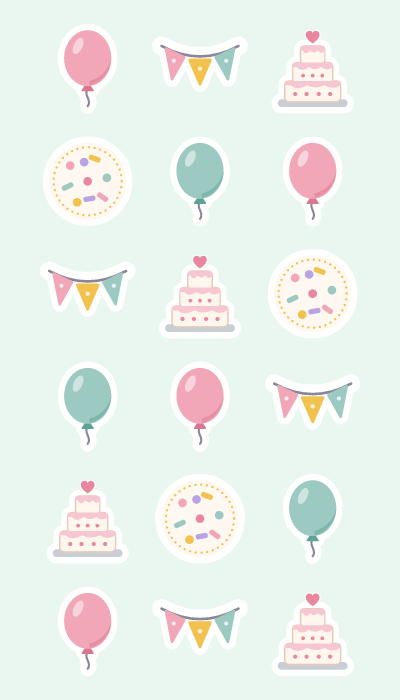 Balloons, bunting & cake in 4×7: Party balloons, a three-flag bunting, a tiered cake and a confetti dot.