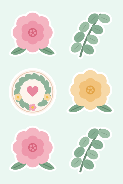 Florals & leaves in 4×6: Pink and peach blooms, a eucalyptus-style sprig and a leafy round seal.