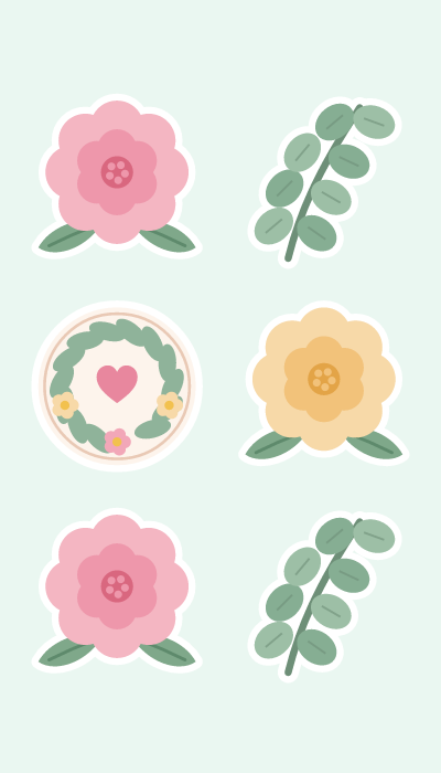 Florals & leaves in 4×7: Pink and peach blooms, a eucalyptus-style sprig and a leafy round seal.