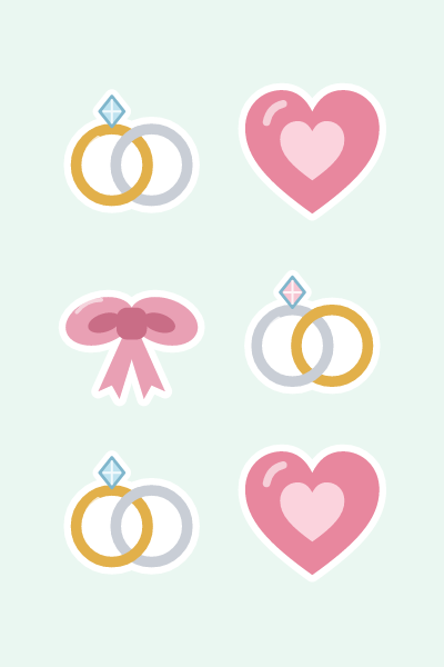 Hearts & rings in 4×6: Interlocking gold and silver rings, a blush heart and a ribbon bow.