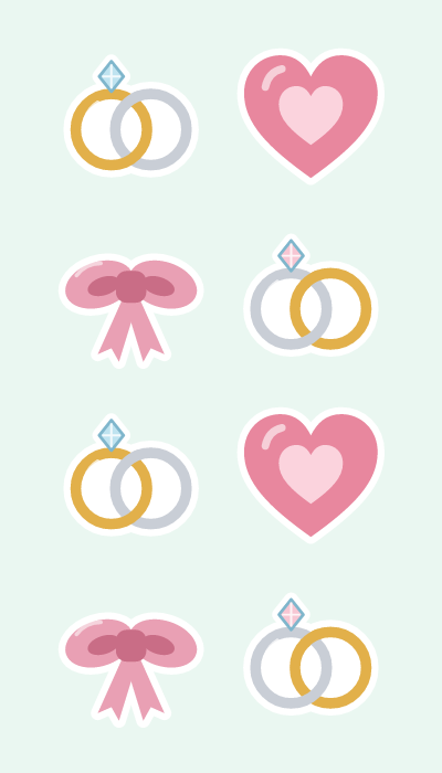 Hearts & rings in 4×7: Interlocking gold and silver rings, a blush heart and a ribbon bow.