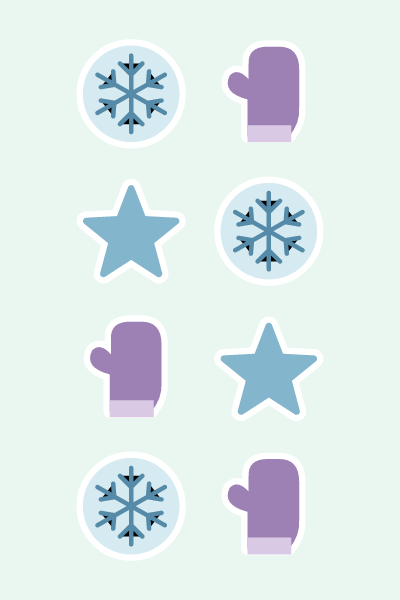 Snow day in 4×6: Snowflakes, woolly mittens and cool blue stars.