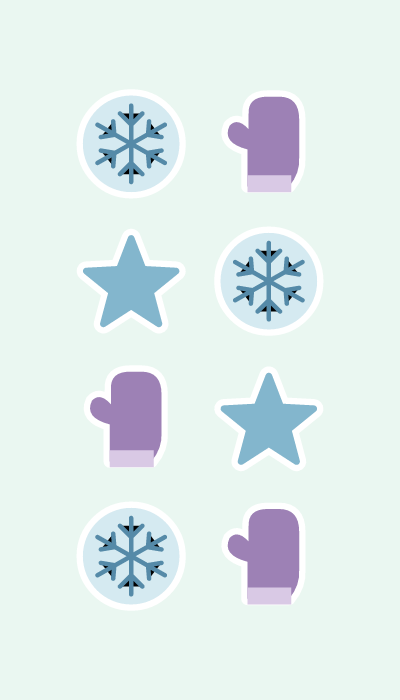 Snow day in 4×7: Snowflakes, woolly mittens and cool blue stars.